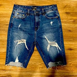 Ripped Blue Jean Biker Shorts